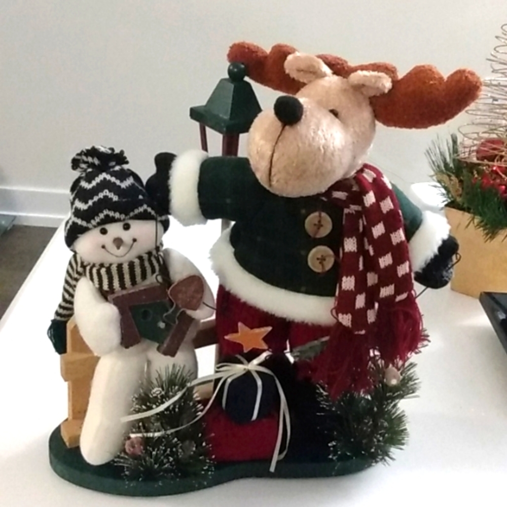 Classic Holiday Plush Reindeer & Snowman on a Wood Base 12x14 inches